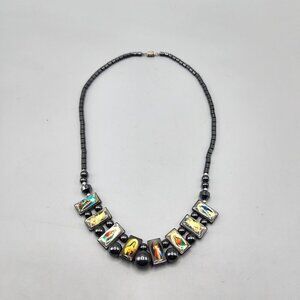 Beaded Hematite Necklace with Christian Saint Portraits